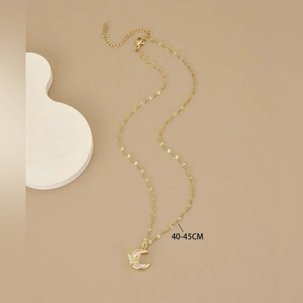 18K Gold Crescent Moon W/ Butterfly Necklace Rose Quartz Pave Diamond Accent